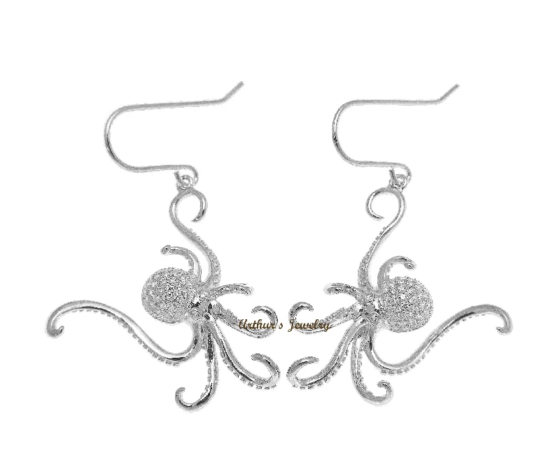 RHODIUM PLATED 925 STERLING SILVER HAWAIIAN OCTOPUS HOOK EARRINGS BLING CZ