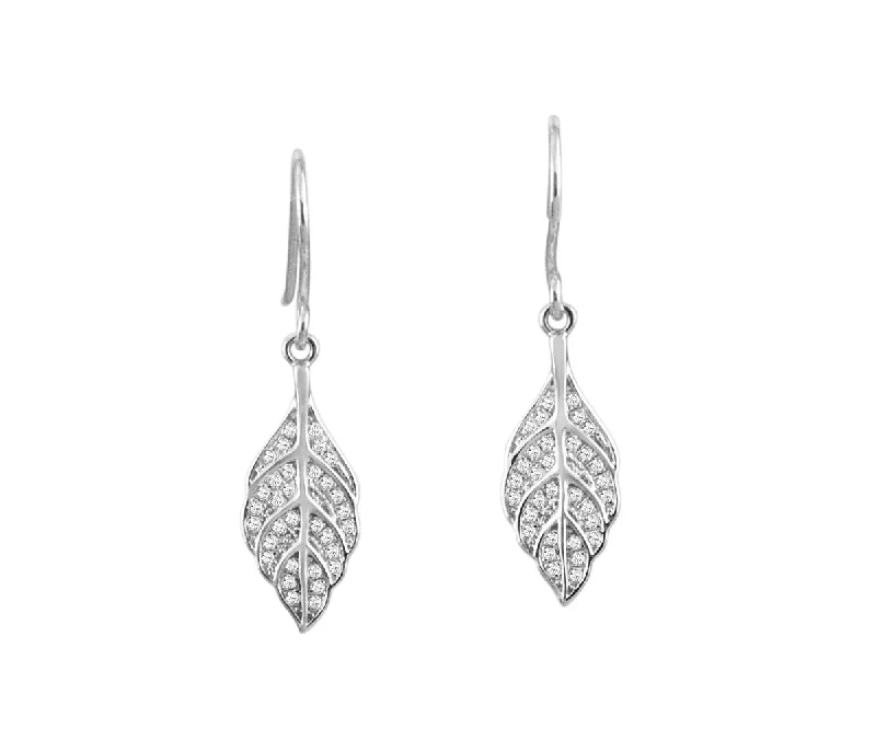 RHODIUM PLATED 925 STERLING SILVER HAWAIIAN MAILE LEAF CZ HOOK EARRINGS