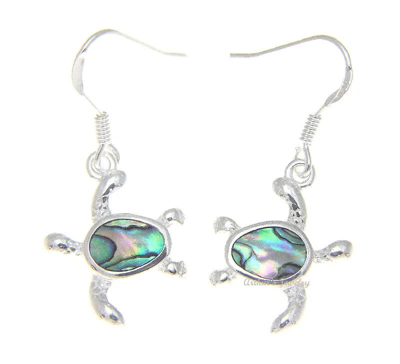 925 Sterling Silver Hawaiian Honu Sea Turtle Abalone Shell Paua Hook Earrings