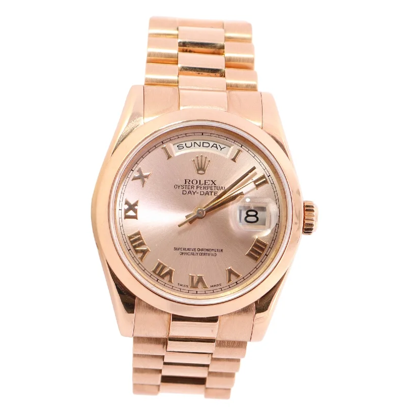 Rolex Day-Date Rose Gold 36mm Pink Sundust Roman Dial Watch Reference #: 118235