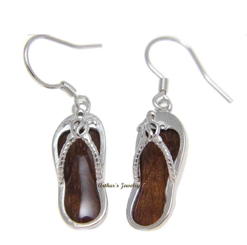 GENUINE HAWAIIAN KOA WOOD SLIPPER HONU TURTLE HOOK EARRINGS 925 STERLING SILVER