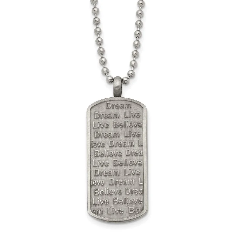 Stainless Steel Antiqued Live/Dream/Believe Dog Tag Necklace, 24 Inch