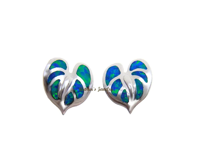 INLAY OPAL HAWAIIAN ANTHURIUM FLOWER STUD POST EARRINGS 925 STERLING SILVER 11MM