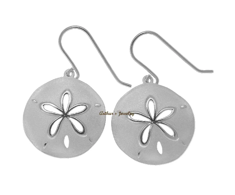 RHODIUM PLATED 925 STERLING SILVER HAWAIIAN SAND DOLLAR HOOK EARRINGS 21.50MM