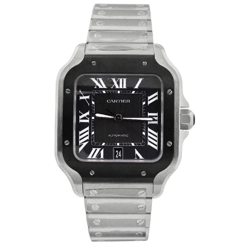 Cartier Santos Stainless Steel 39.8mm Black Roman Dial Watch Reference# WSSA0037