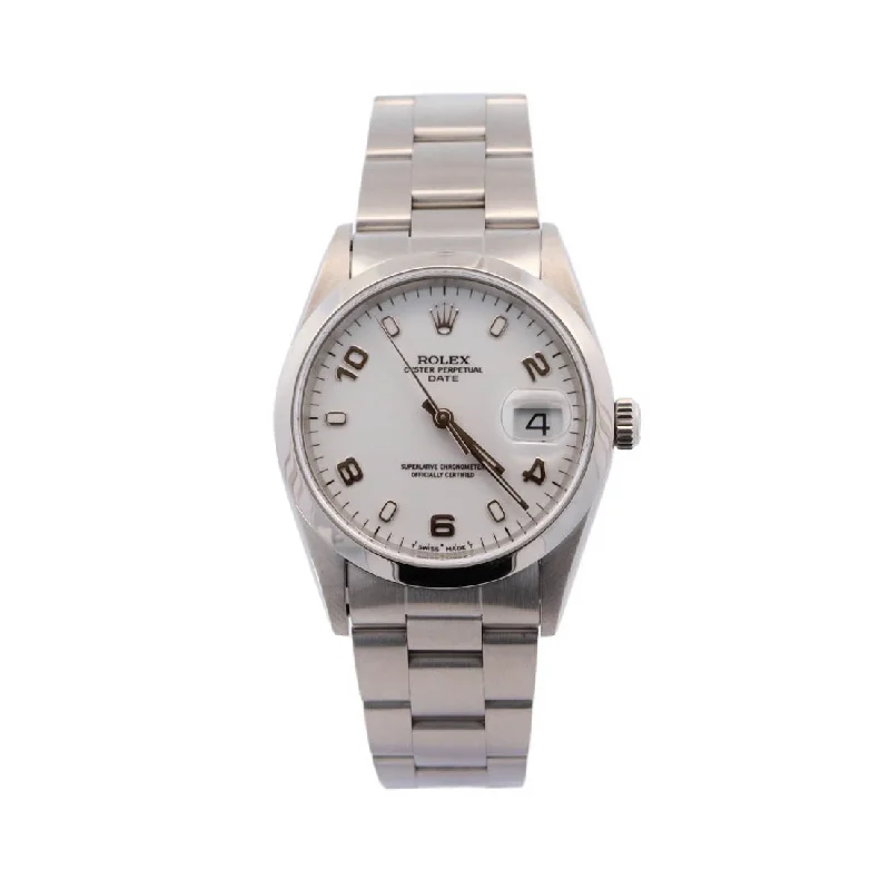 Rolex Date Stainless Steel 34mm White Arabic & Stick Dial Watch Reference #: 15200