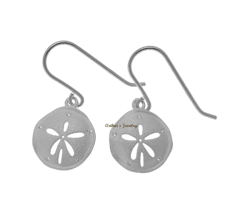 RHODIUM PLATED 925 STERLING SILVER HAWAIIAN SAND DOLLAR HOOK EARRINGS CZ 14MM