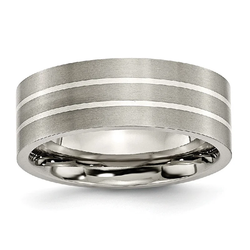 Titanium & Sterling Silver Inlay, 8mm Flat Brushed Comfort Fit Band