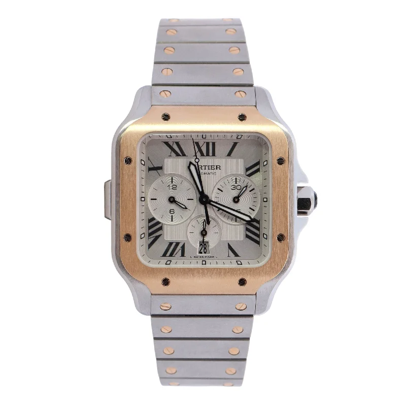 Cartier Santos Chronograph Two-Tone Stainless Steel & Yellow Gold 44.9mm Extra Large Model Silver Chronograph Roman Dial Watch Reference #: W2SA0008