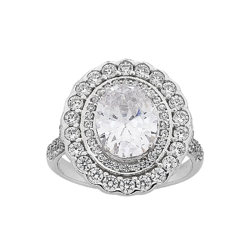 Sterling Silver Cubic Zirconia Oval Double Halo Ring