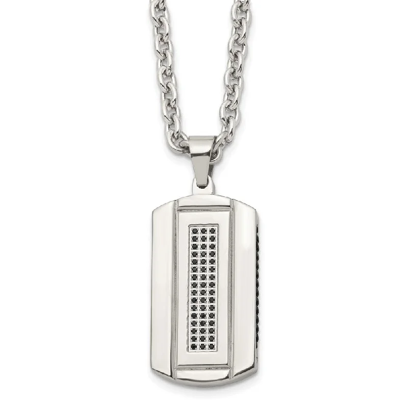 Men's Stainless Steel & Black CZ Two Tone Dog Tag Necklace, 24 Inch