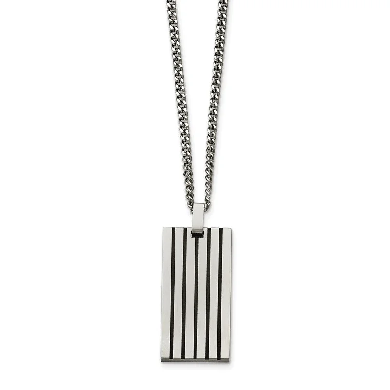 Black Rubber Striped Brushed Stainless Steel Dog Tag Necklace, 22 Inch