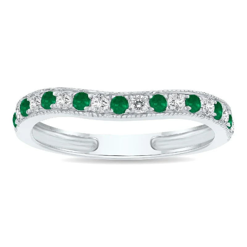 Emerald and Diamond Channel Set Wedding Band in 10K White Gold