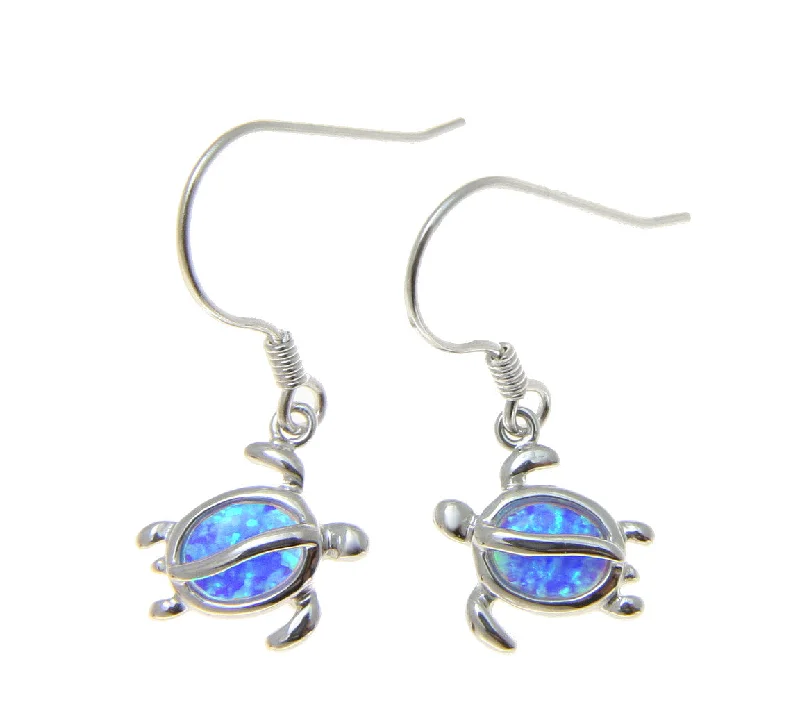 925 Sterling Silver Rhodium Hawaiian Honu Sea Turtle Opal Hook Wire Earrings