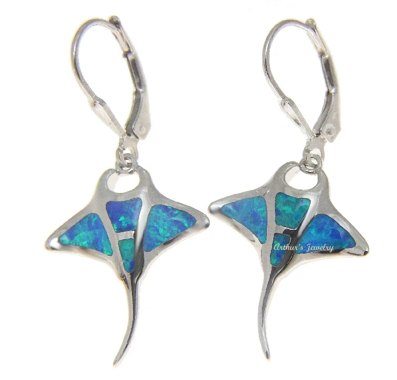 925 Sterling Silver Rhodium Hawaiian Manta Ray Fish Blue Opal Leverback Earrings