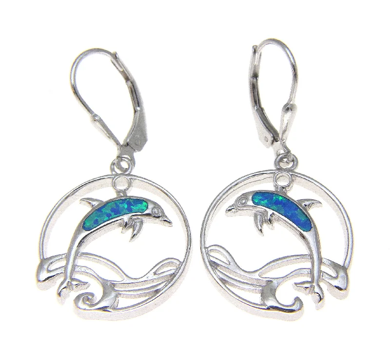 925 Sterling Silver Rhodium Hawaiian Circle Wave Dolphin Opal Leverback Earrings