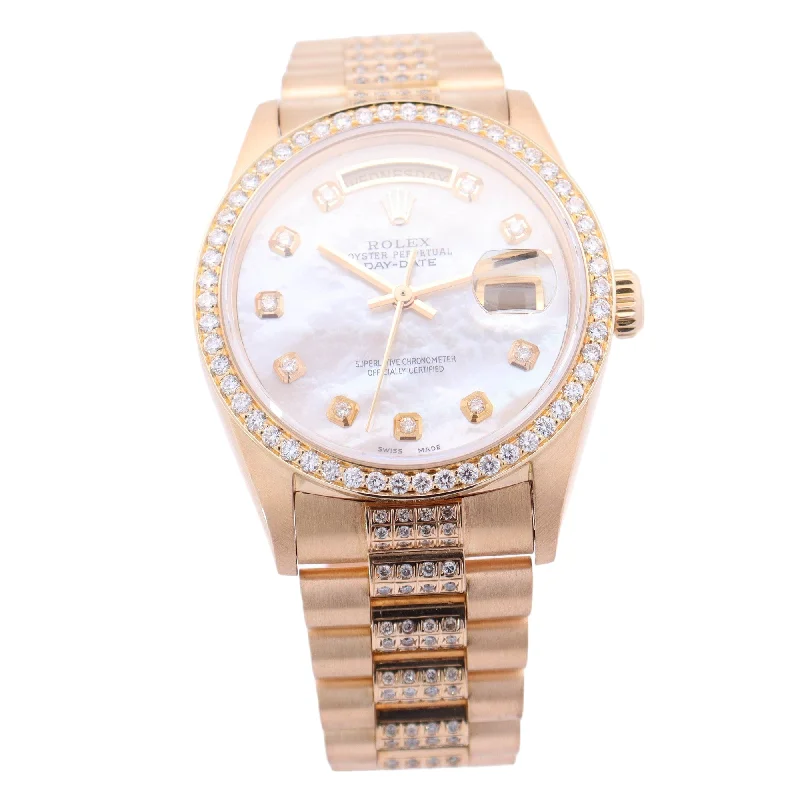 Rolex Day Date 36mm Yellow Gold Custom White MOP Diamond Dial Watch Reference# 18038