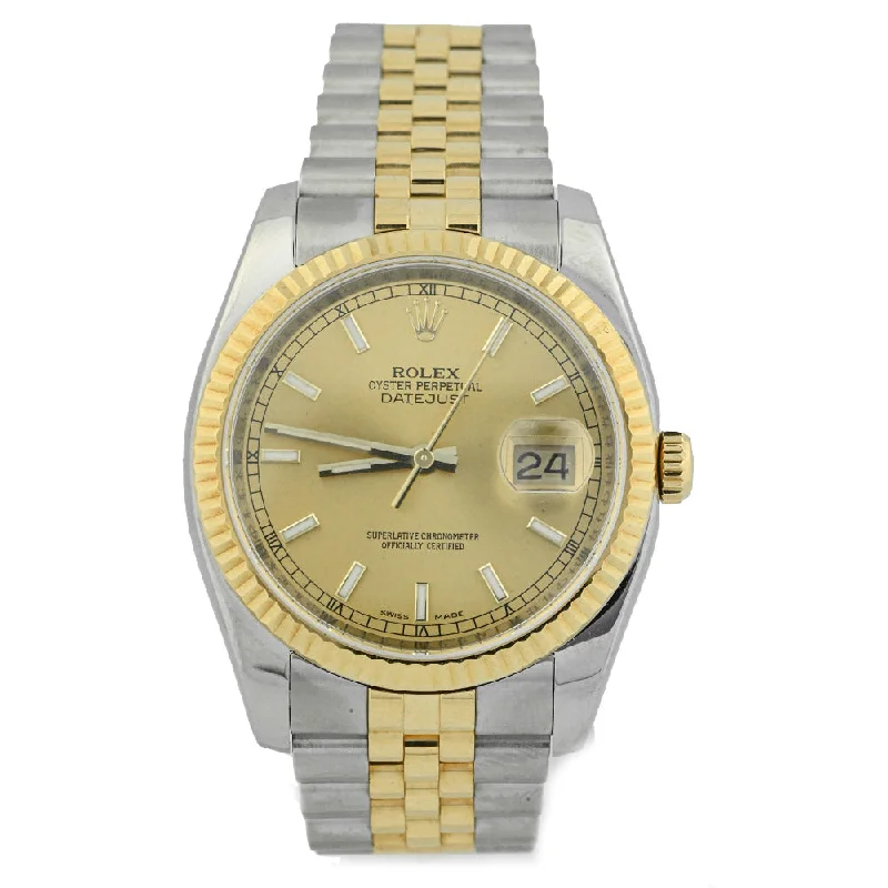 Rolex Datejust Two-Tone Stainless Steel & Yellow Gold 36mm Champagne Stick Dial Watch Reference #: 116233