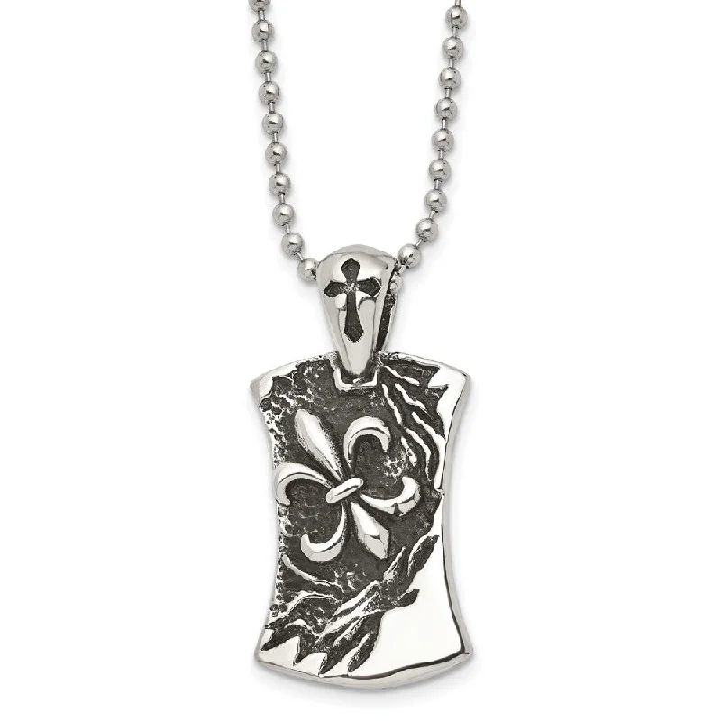 Men's Stainless Steel Antiqued Fleur de lis Dog Tag Necklace, 22 Inch