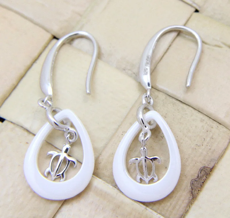 925 Silver Rhodium Hawaiian Honu Turtle White Ceramic Tear Drop Hook Earrings