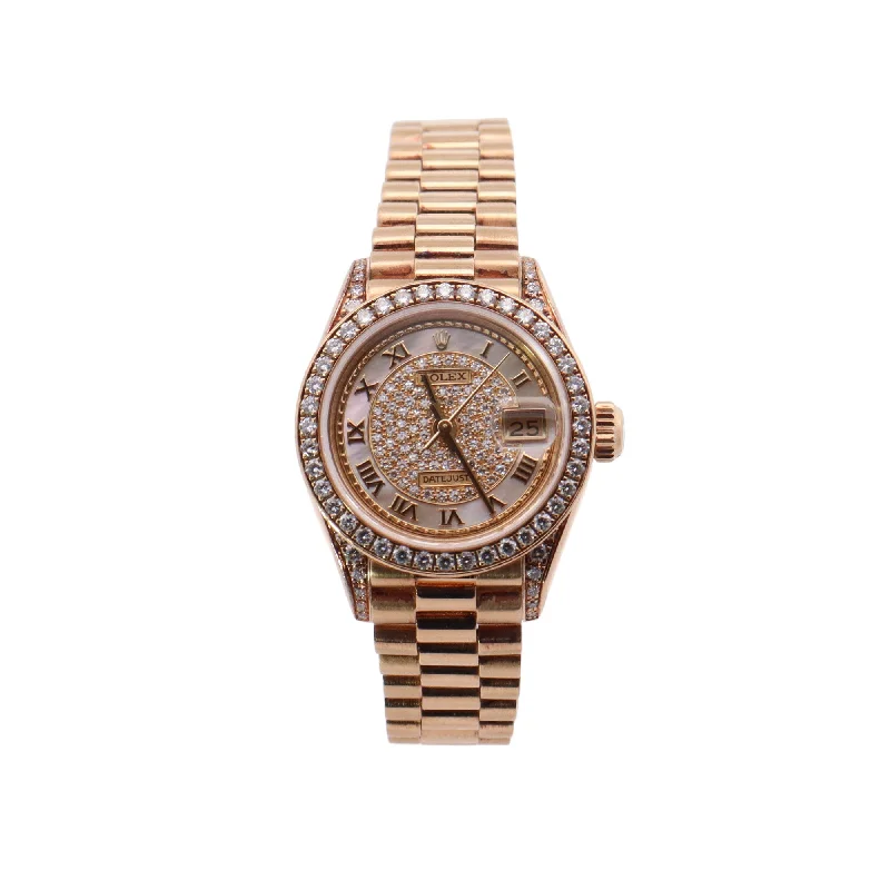 Rolex Datejust Yellow Gold 26mm Factory Mop Pave Diamond Roman Dial Watch  Reference #: 69158