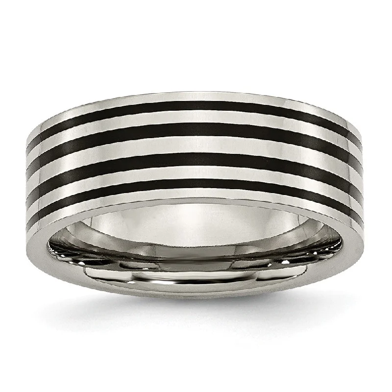 Titanium and Black Enamel, 8mm Striped Unisex Comfort Fit Band