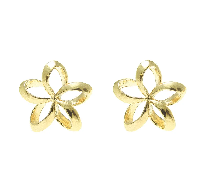 YELLOW GOLD STERLING SILVER 925 HAWAIIAN OPEN PLUMERIA FLOWER STUD EARRINGS 13MM