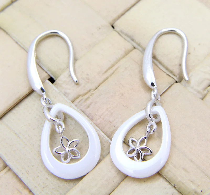 925 Silver Rhodium Hawaiian Plumeria Flower White Ceramic Tear Drop Earrings