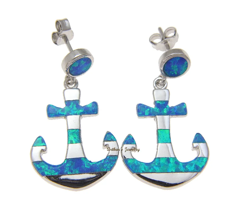 INLAY OPAL HAWAIIAN ANCHOR EARRINGS HEAVY SOLID 925 STERLING SILVER 17.70MM