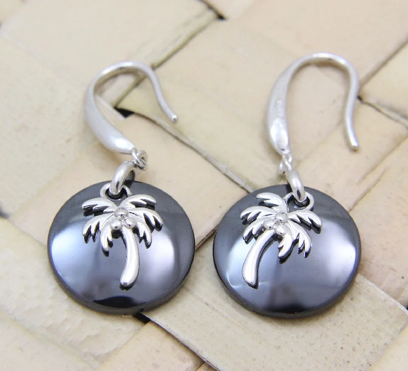 925 Silver Rhodium Hawaiian Coconut Palm Tree Black Ceramic Circle Hook Earrings