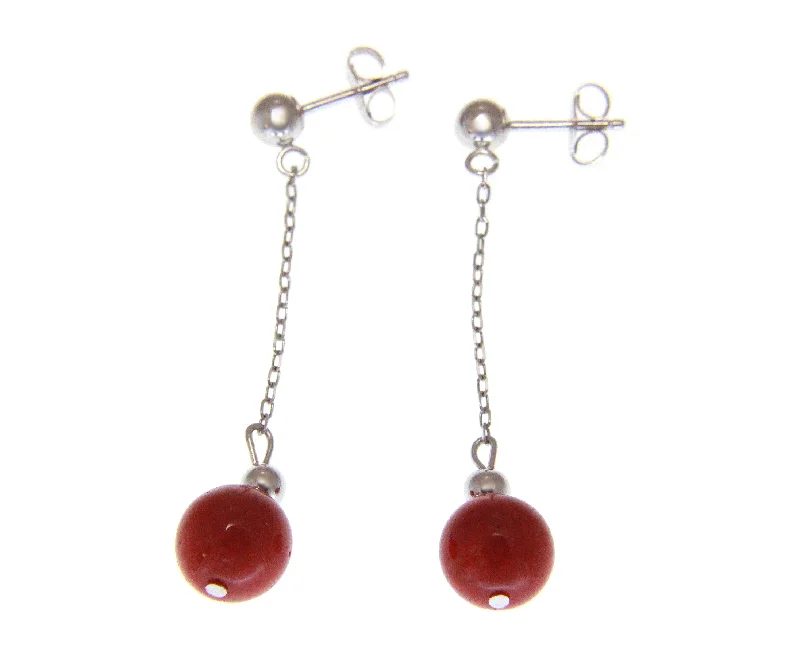 GENUINE NATURAL RED CORAL 7.4MM ROUND BALL DANGLE EARRINGS 14K WHITE GOLD