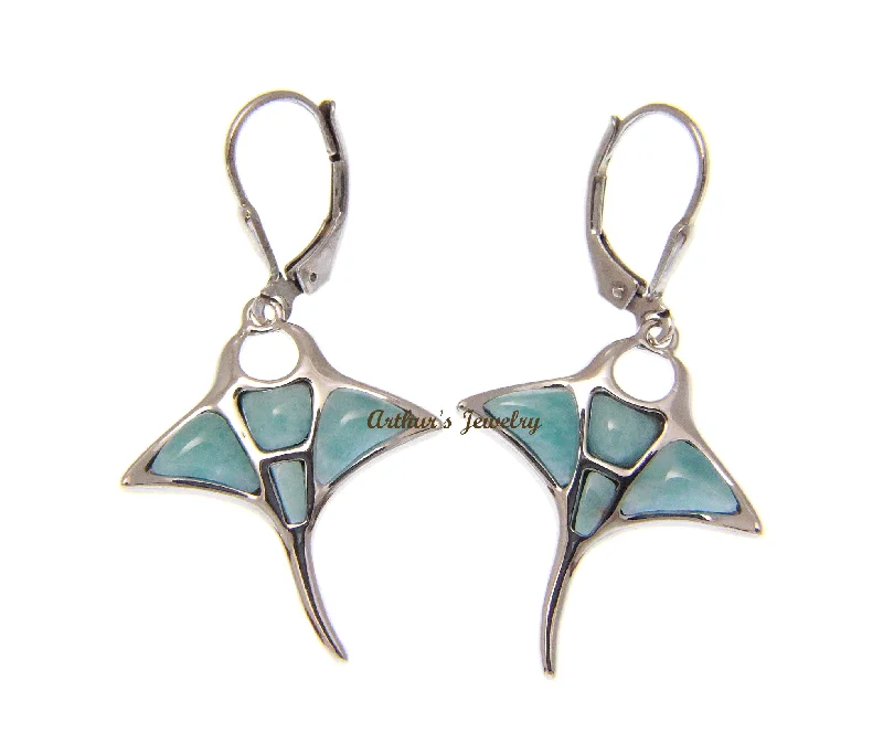 925 STERLING SILVER HEAVY GENUINE NATURAL LARIMAR HAWAIIAN MANTA RAY LEVERBACK EARRINGS