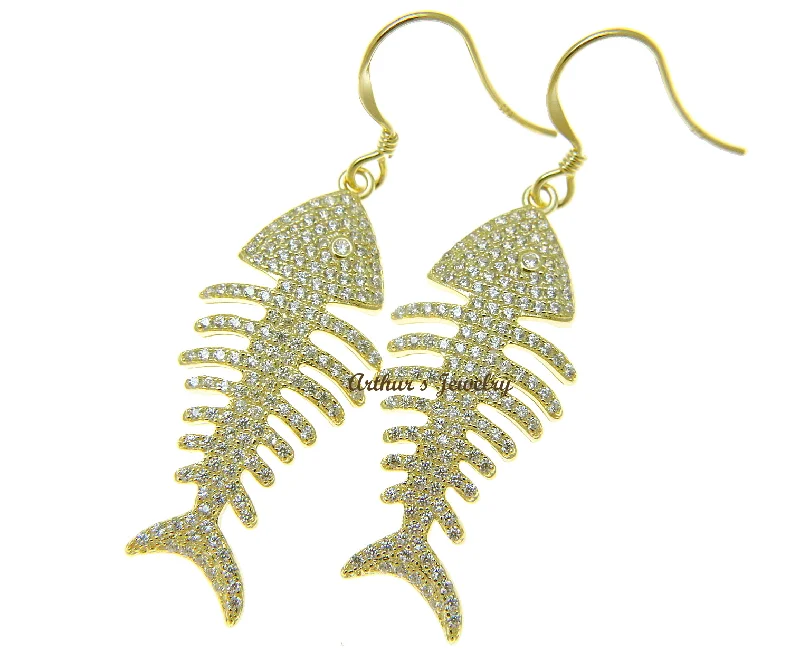 YELLOW GOLD PLATED 925 SILVER HAWAIIAN FISH BONE HOOK EARRINGS CZ 14.85MM