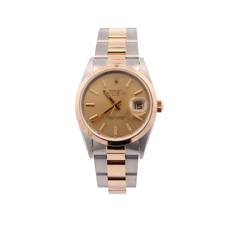 Rolex Oyster Perpetual Date Two Tone Yellow Gold & Steel 34mm Champagne Stick Dial Watch Reference# 15203