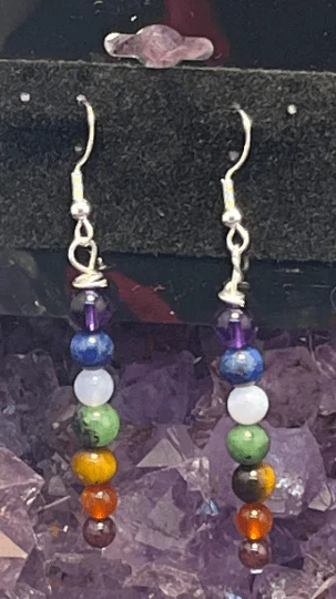 Chakra Gemstone Dangle Drop Sterling Silver Hooks  Earrings