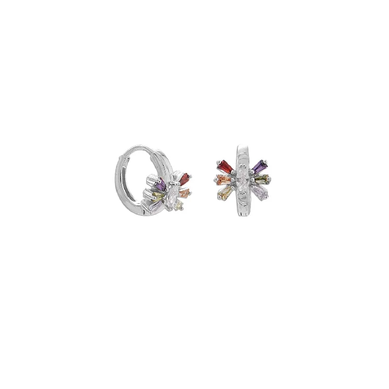 Rhodium Plated Multi Color CZ Huggie Hoop Earrings