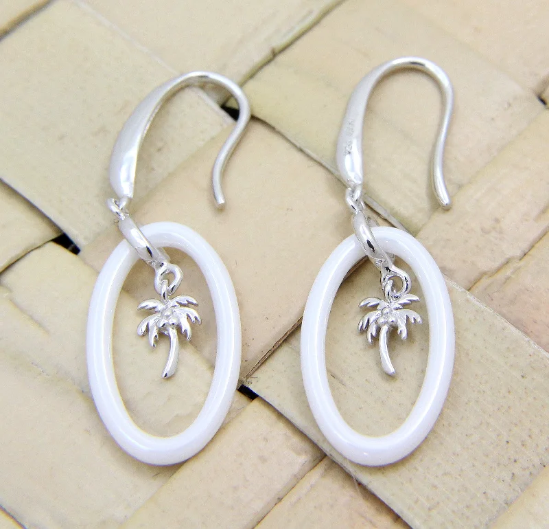 925 Sterling Silver Rhodium Hawaiian Palm Tree White Ceramic Oval Hook Earrings