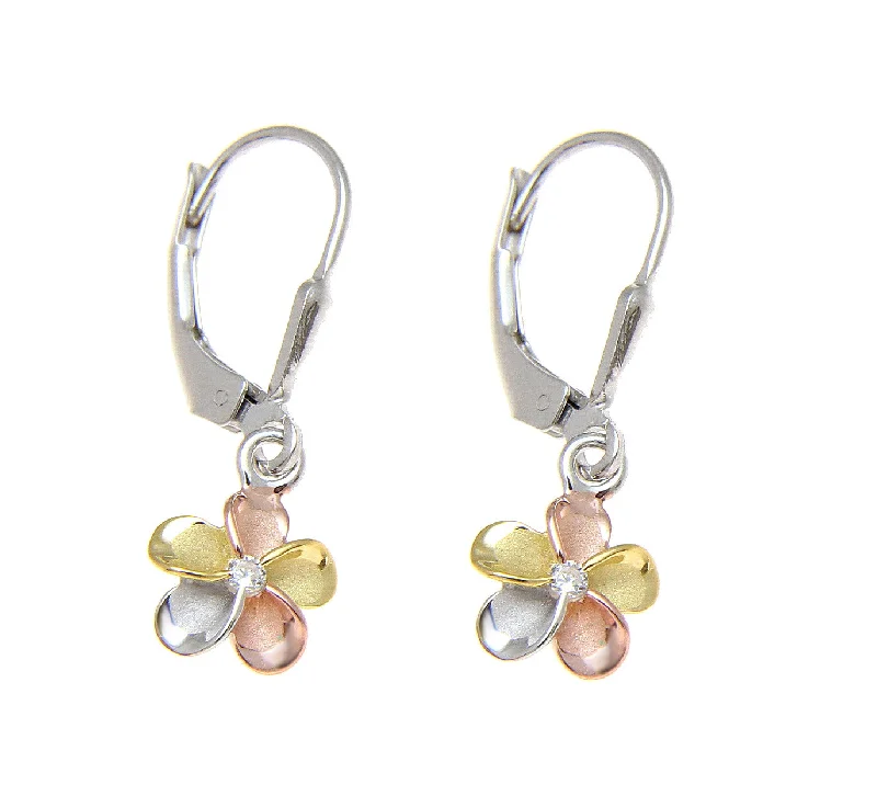 YELLOW ROSE GOLD SILVER 925 HAWAIIAN PLUMERIA LEVERBACK EARRINGS CZ 8MM-18MM