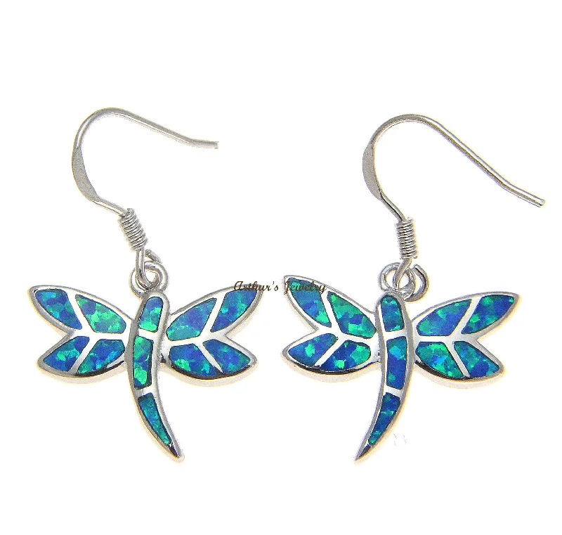 925 Sterling Silver Rhodium Hawaiian Dragonfly Blue Opal Hook Wire Earrings