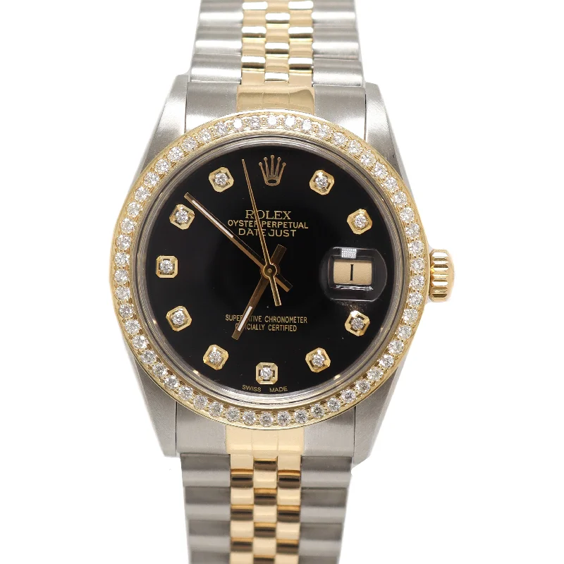 Rolex Datejust Two-Tone Stainless Steel & Yellow Gold 36mm Black Diamond Dial Watch Reference #: 16233