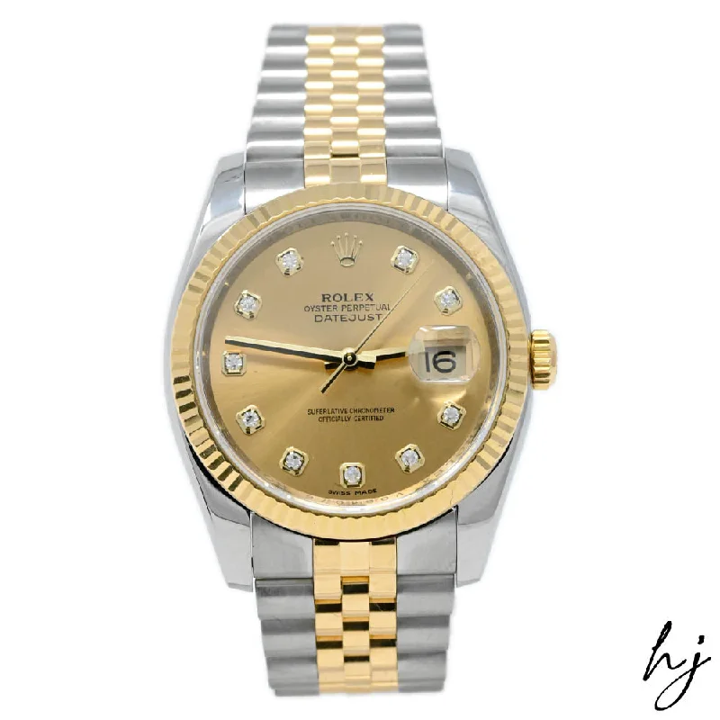 Rolex Datejust Two-Tone Stainless Steel Yellow Gold 36mm Champagne Diamond Dial Watch Reference #: 116233