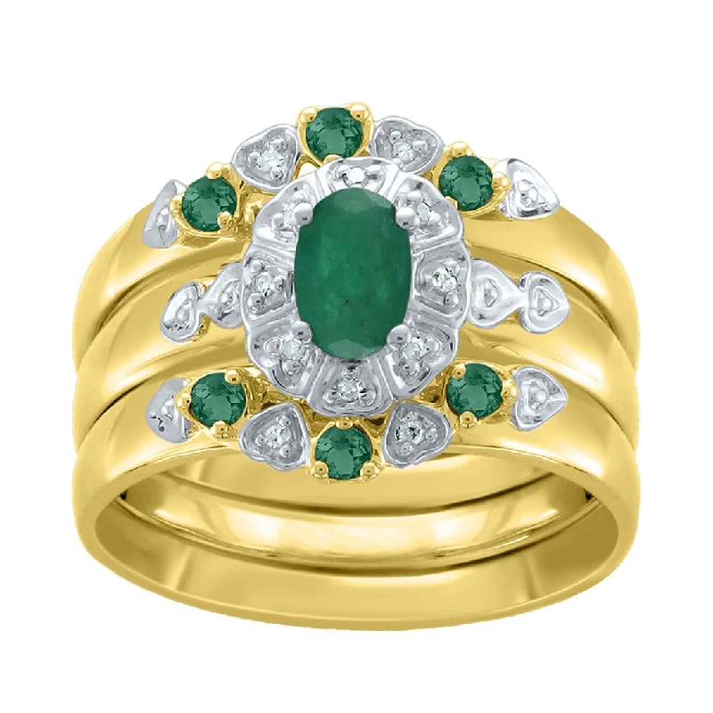 9ct Yellow Gold Created Emerald & Diamond 3 Ring Set