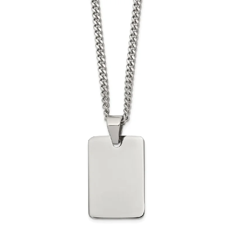 Polished Steel Engravable Dog Tag and Curb Chain Necklace - 24 Inch