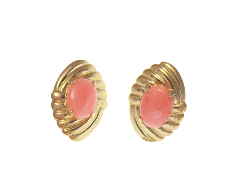 GENUINE NATURAL OVAL CABOCHON PINK CORAL EARRINGS SOLID 14K YELLOW GOLD