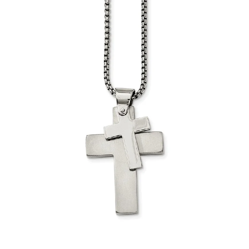 Stainless Steel Polished Double Cross Necklace - 24 Inch