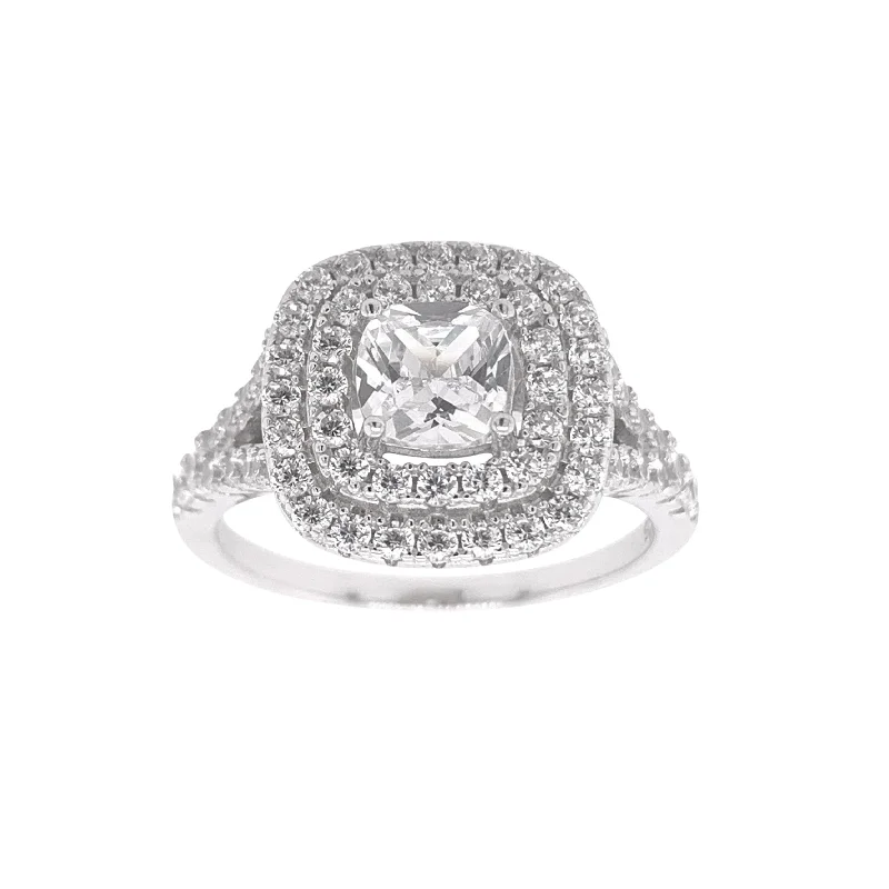 Sterling Silver Cubic Zirconia Cushion Double Halo Ring