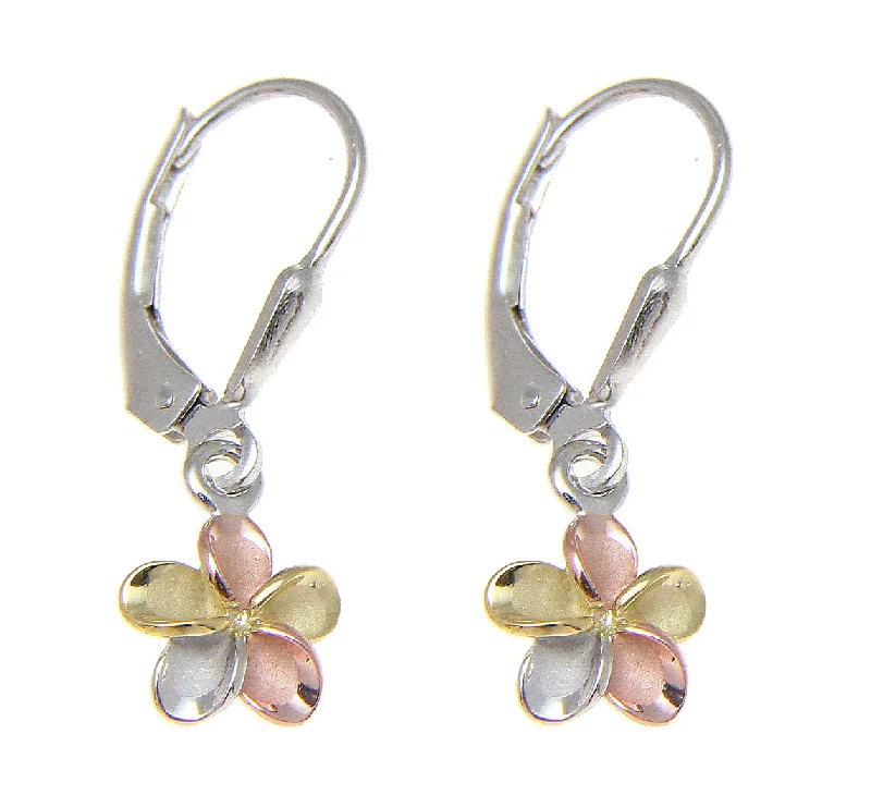 925 Silver Hawaiian Tricolor Plumeria Flower Leverback Earrings No Stone 8-18mm