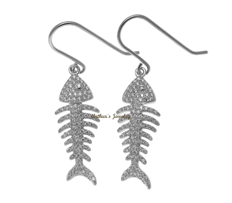 RHODIUM PLATED 925 STERLING SILVER HAWAIIAN FISH BONE HOOK EARRINGS CZ 11MM