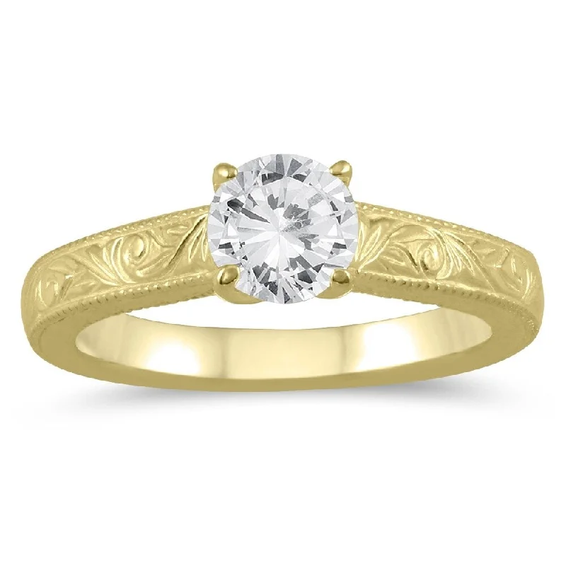 AGS Certified 3/4 Carat Engraved Diamond Solitaire Ring in 14K Yellow Gold (I-J Color, I2-I3 Clarity)