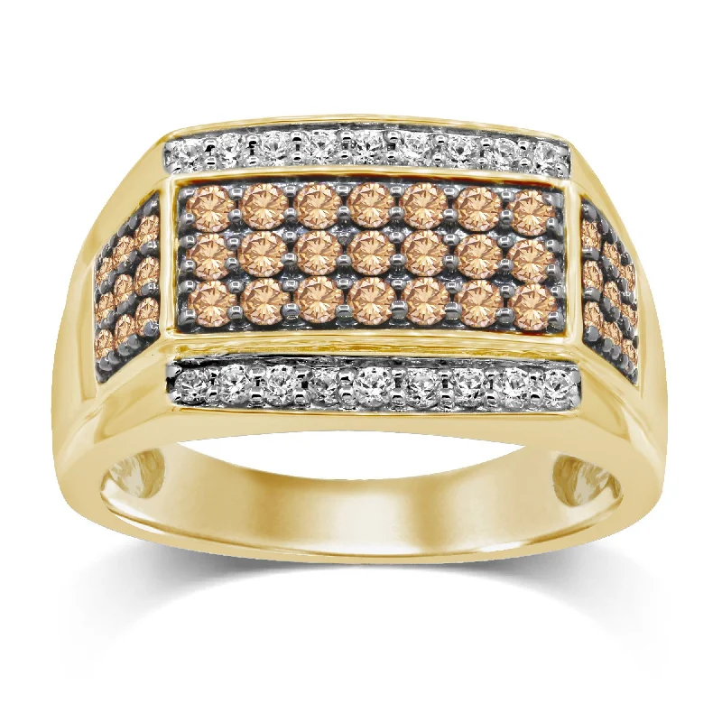 3 Row Cognac Mens Ring with 1.20ct of Diamonds in 10ct White Gold and 10ct Yellow Gold